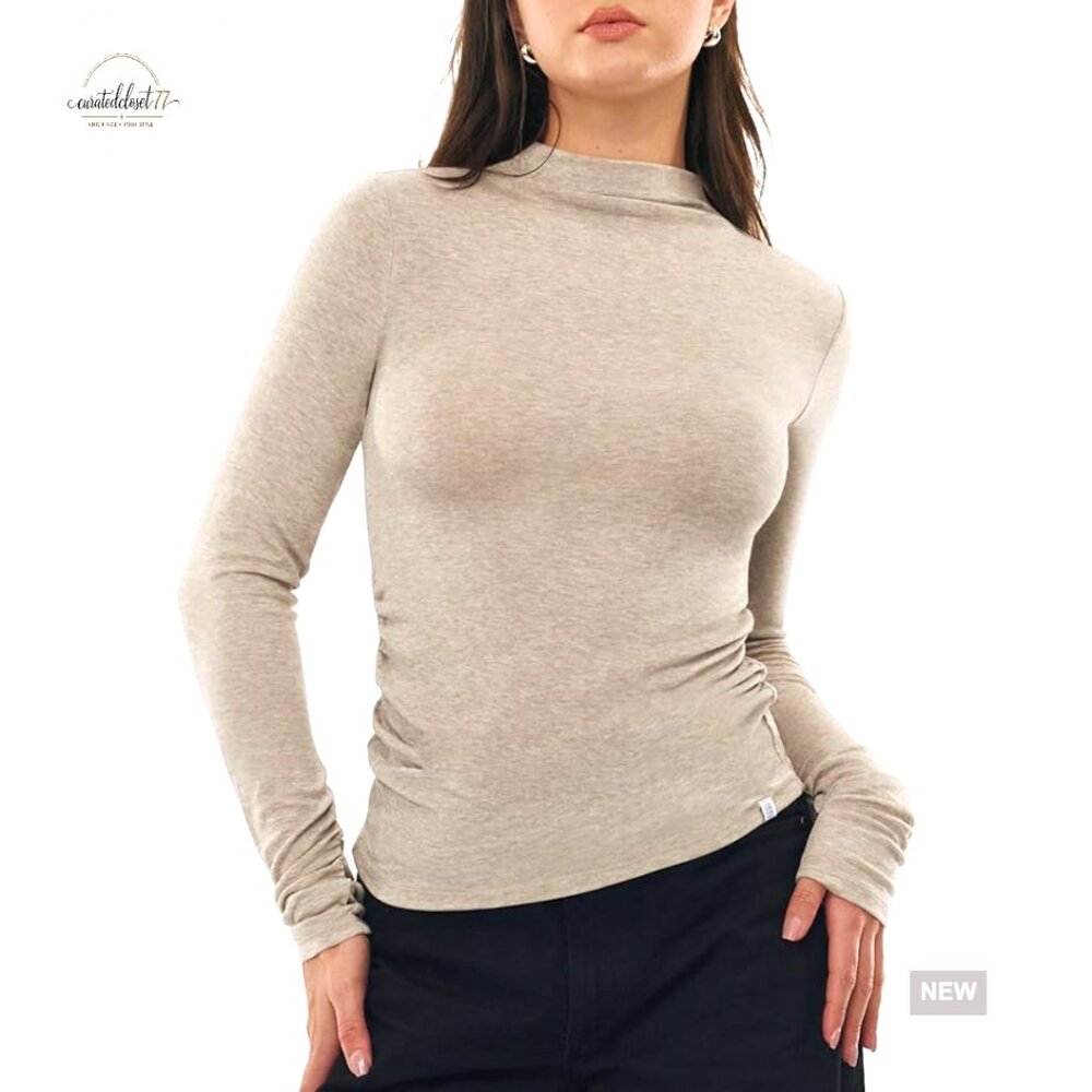 Merino Wool Mock Neck Long Sleeve Fitted Slim Fit T-Shirt